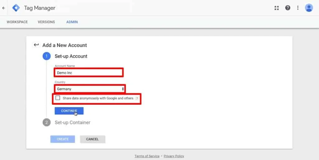 New Account Set-up for Google Tag Manager