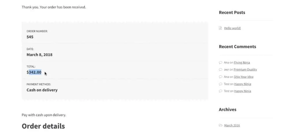 Order received page in our demo shop