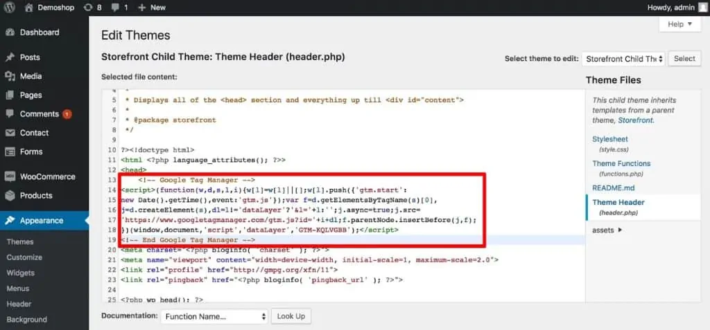 Paste the code snippet from Google Tag Manager below the opening head tag