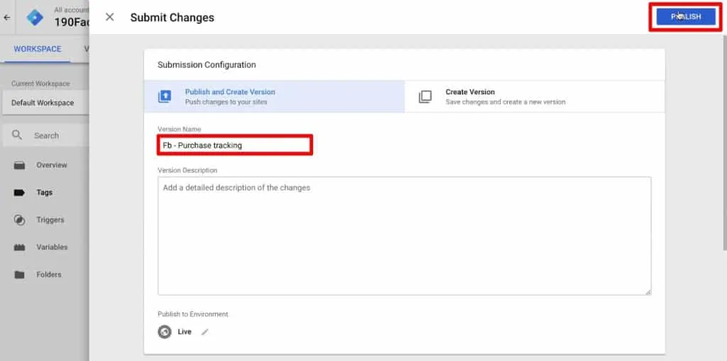 Publishing a version for purchase tracking in Google Tag Manager
