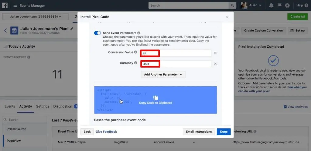 Purchase Event Code in Meta Pixel