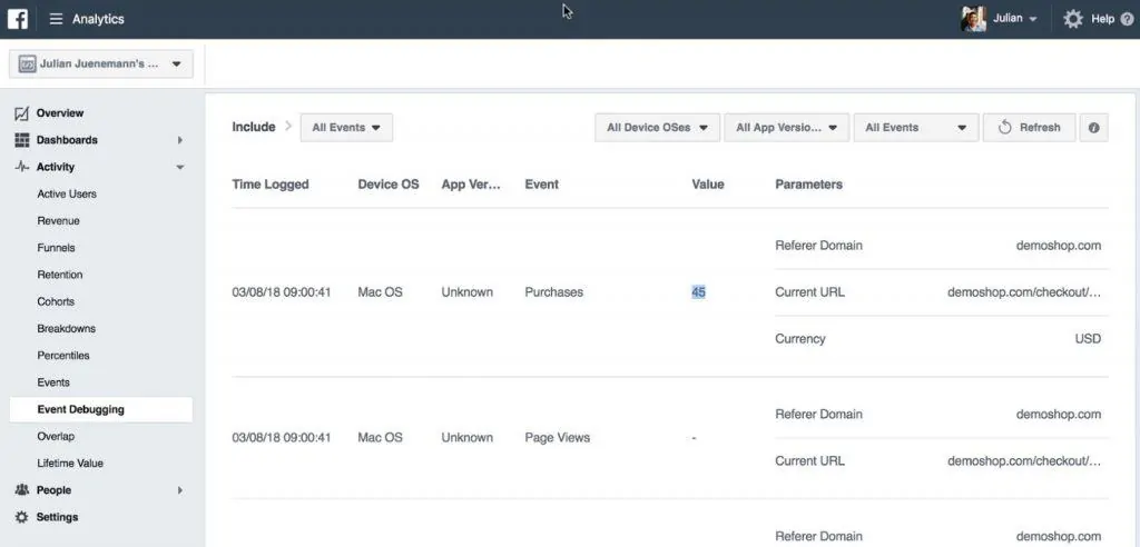 Purchase Event fired in Meta Analytics