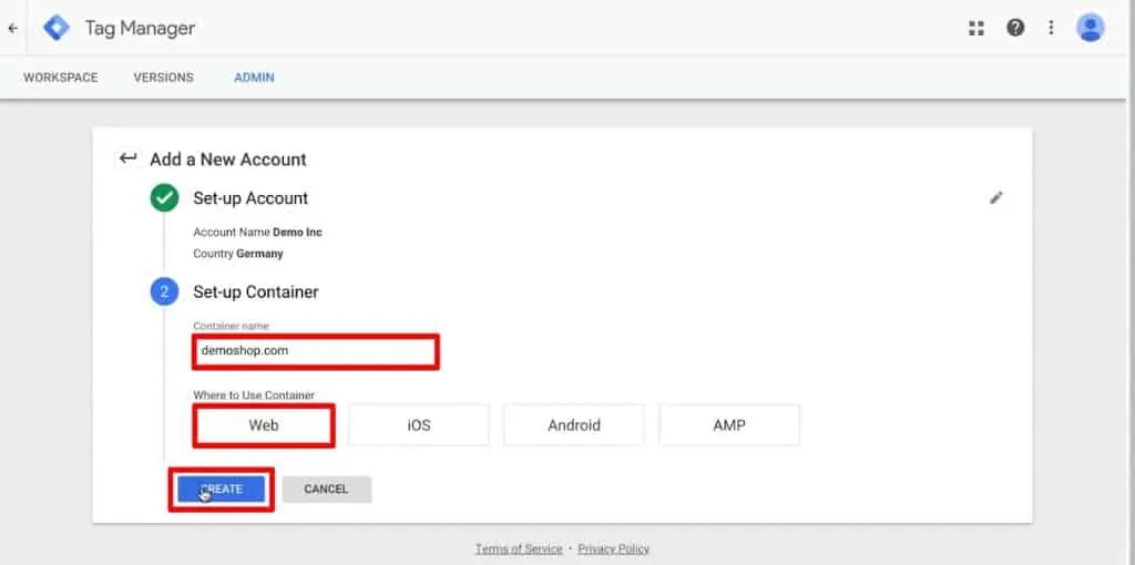 Set-up Container to install Google Tag Manager on the Web