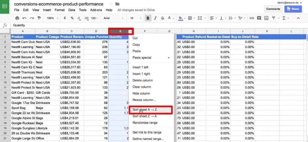 Sort data alphabetically by a column in Google Sheets for data analysis