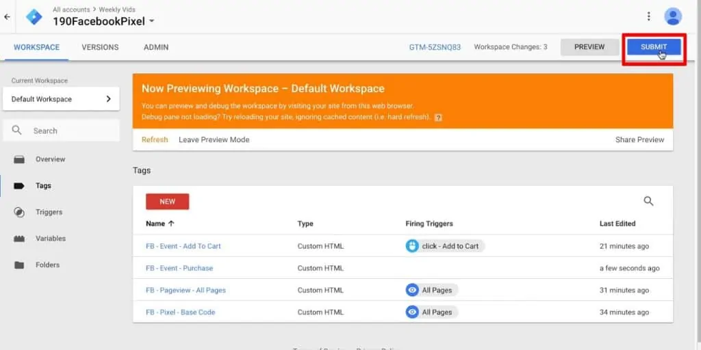 Submit the Workspace Changes in Google Tag Manager