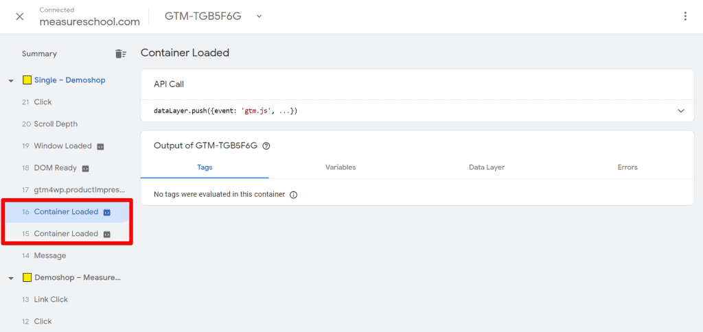 Tag Assistant events menu with two Container Loaded events highlighted