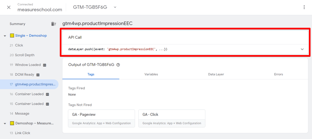 Tag Assistant window with API Call field highlighted