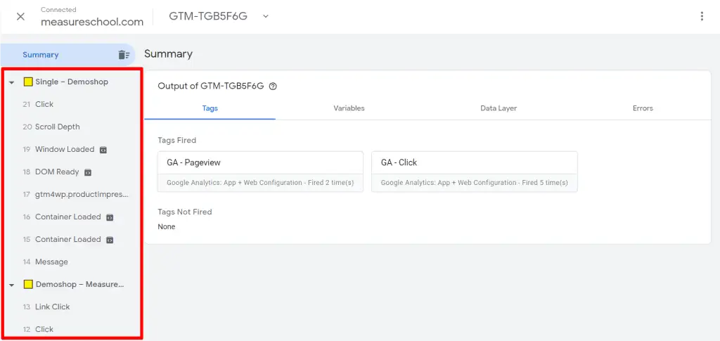 Tag Assistant window with pageview events in events menu highlighted