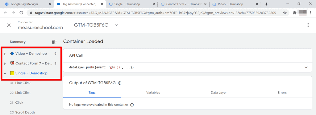 Tag Assistant with pageviews from multiple tabs highlighted, icons are a yellow square, a tiger emoji, and a blue diamond