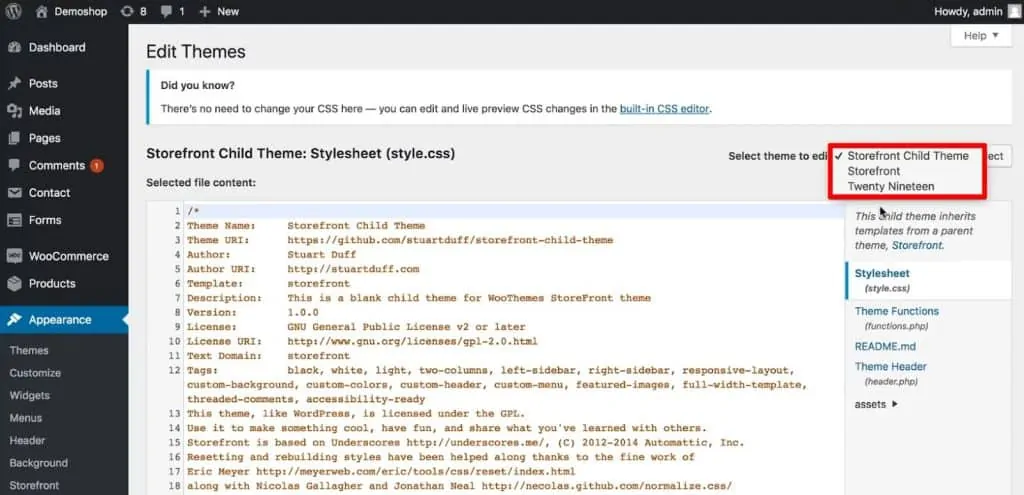 Themes setup in WordPress under Editor option of Appearance