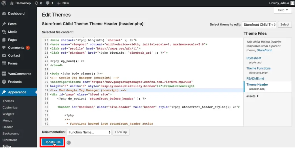 Update the theme file with the codes from Google Tag Manager