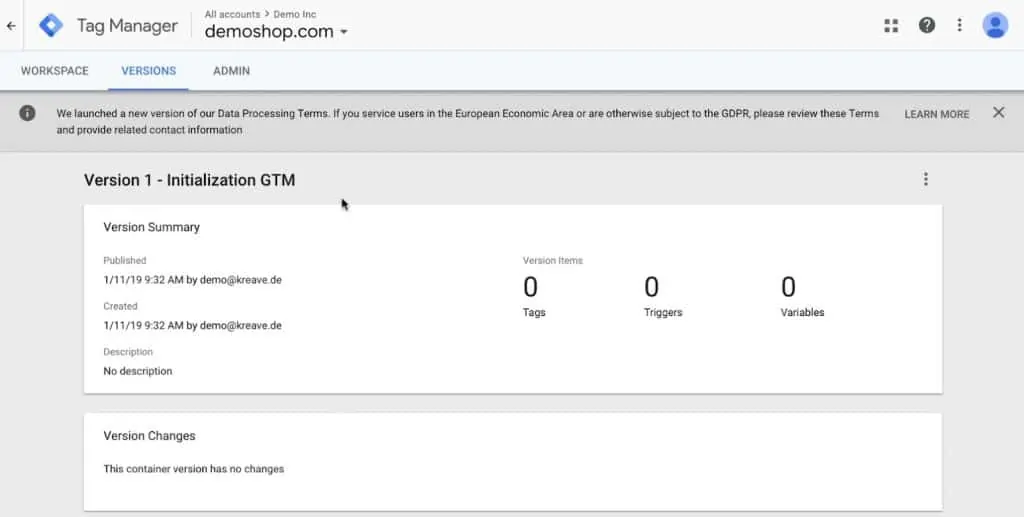 Version Summary in Google Tag Manager