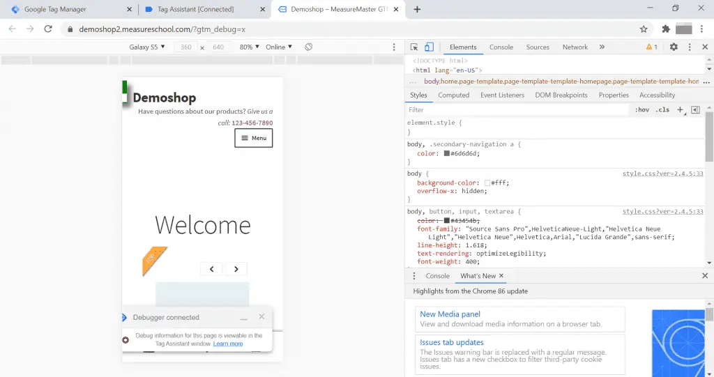 Website in GTM preview mode in mobile view