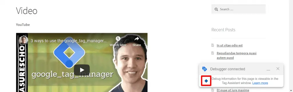 Website in GTM preview mode with blue diamond tab identifier icon highlighted