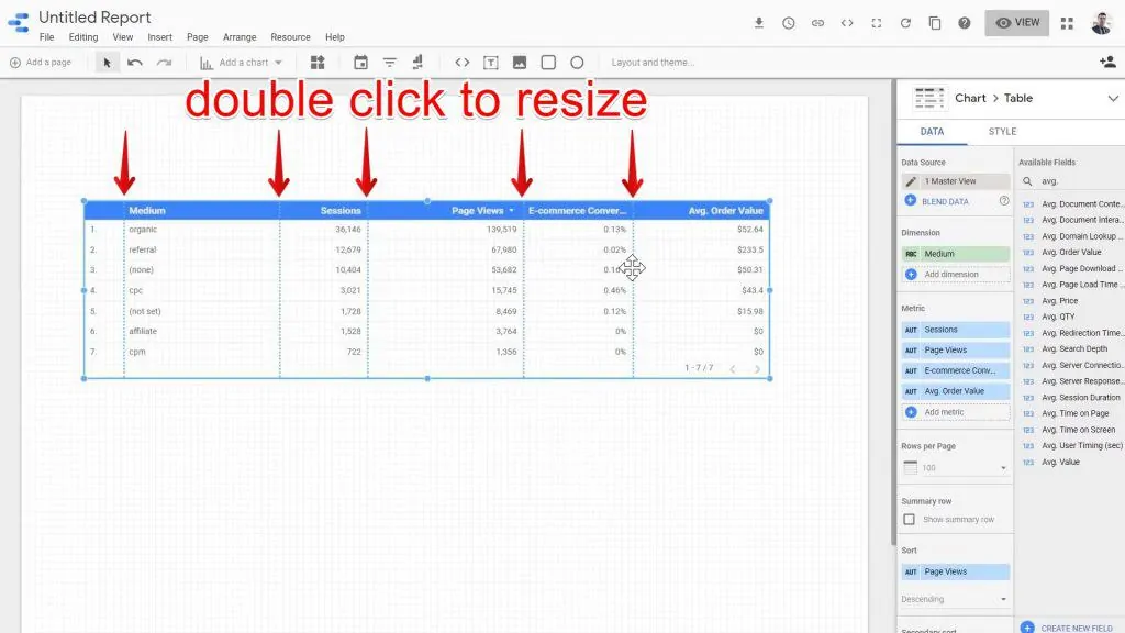 The columns on the chart being double clicked in order to resize them