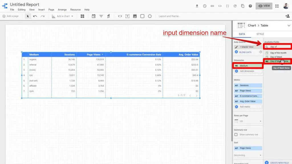The Day of Week Name being input and selected in the Available Fields section