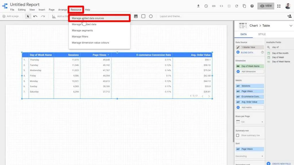 The Resource button and the Manage added data sources button below it being clicked