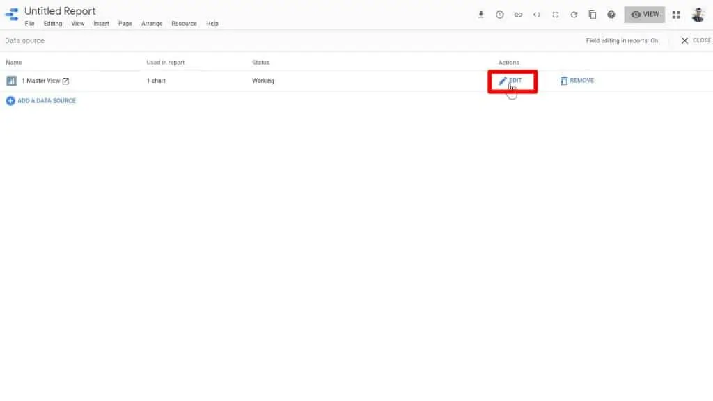 The EDIT button being clicked on the Data Source options