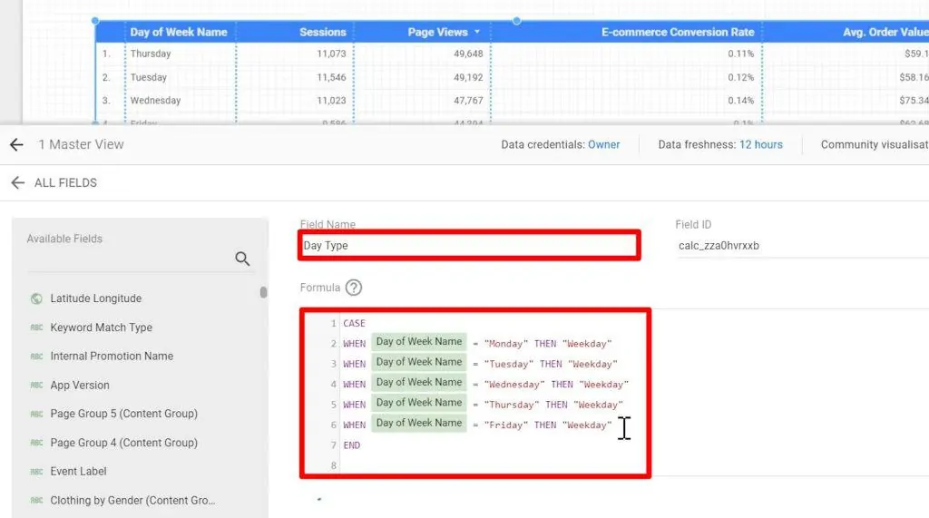 The Field Name and Formula sections being filled in with a name and codes respectively