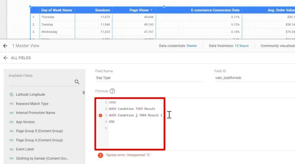 The Case When Statement Syntax being types into the code window