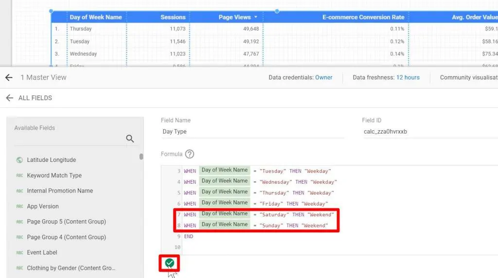 Codes for Saturday and Sunday being added and a green checkmark appearing to signify that the code is valid