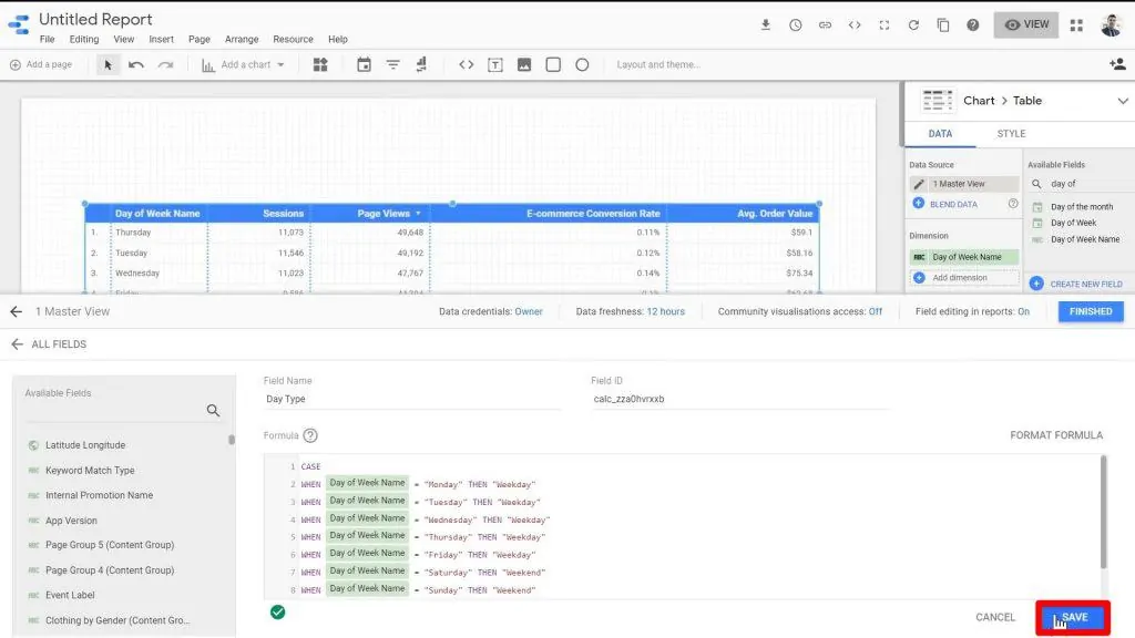 The SAVE button being clicked on the Data Sources window