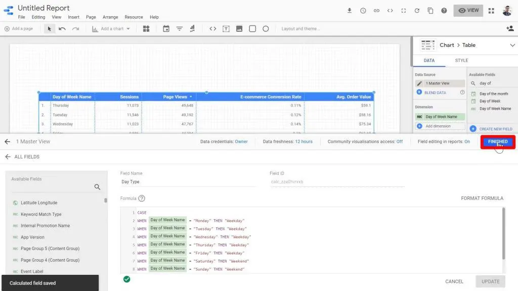 The FINISHED button being clicked on the Data Sources window