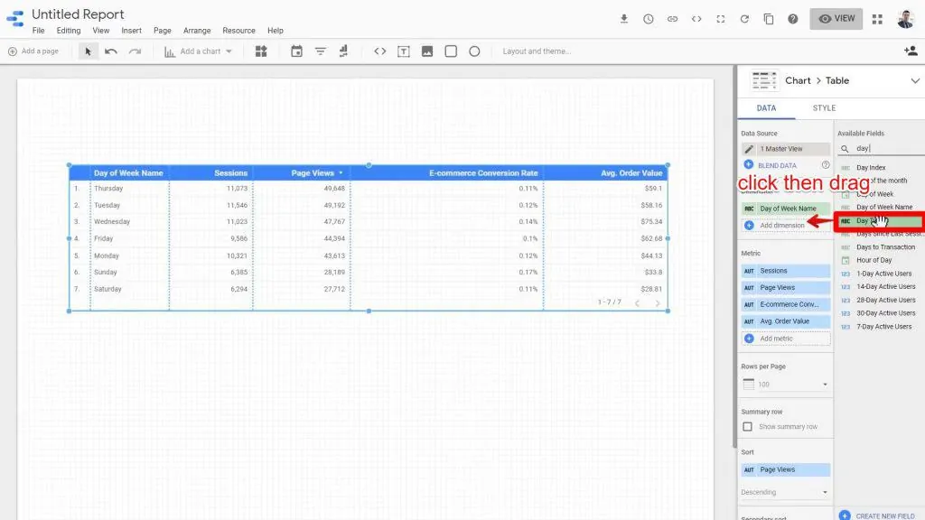 The Date Type dimension being clicked on and dragged under the Dimensions section