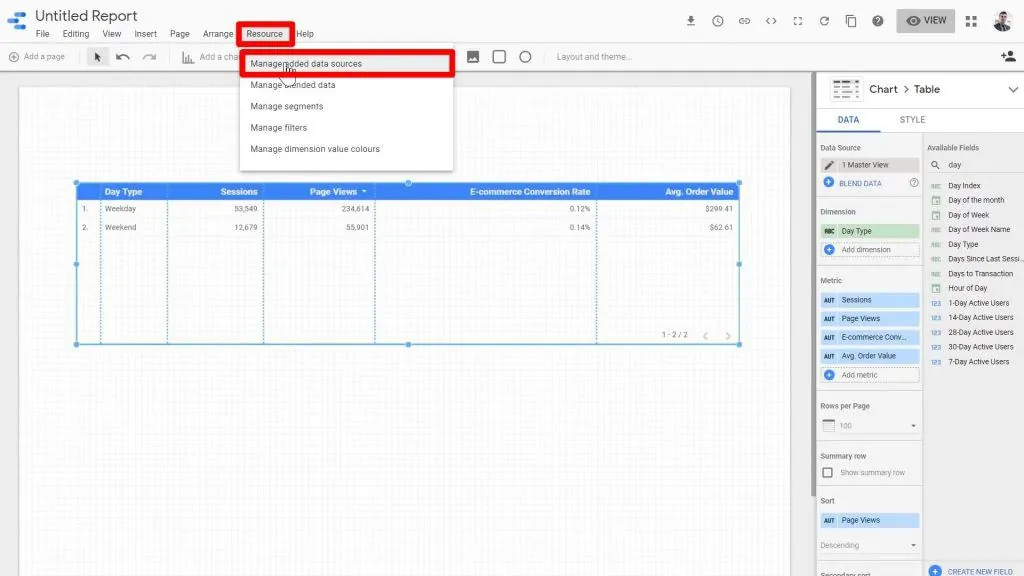 The Resources and the Manage added data resources buttons being clicked on
