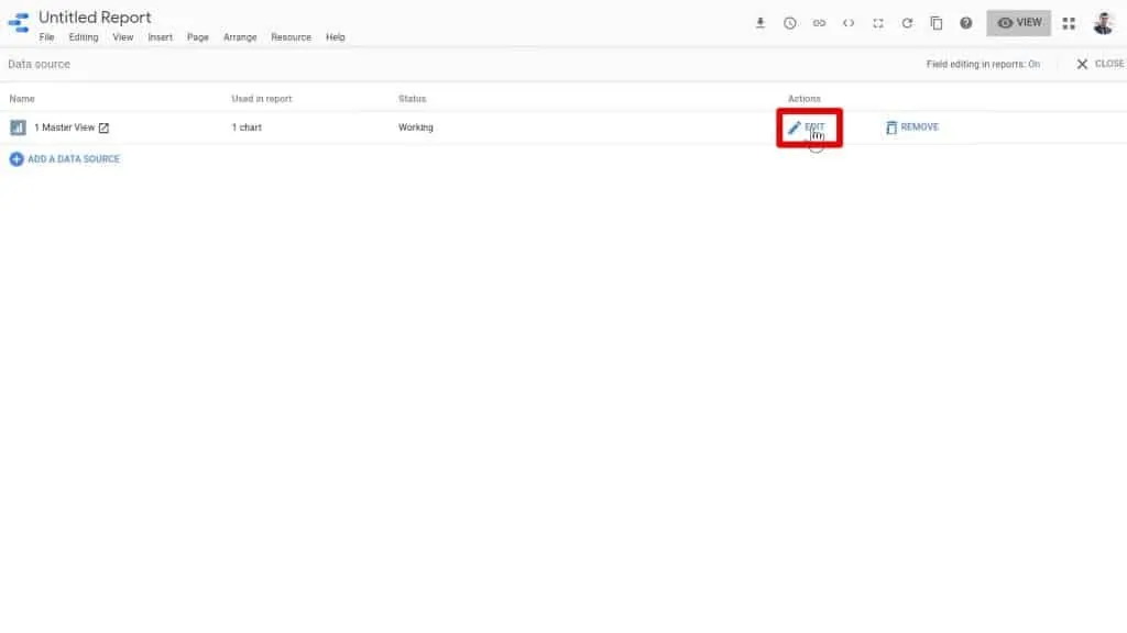The EDIT button being clicked on the Master View Data Source section