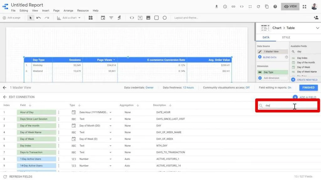 The day field being input into a search box