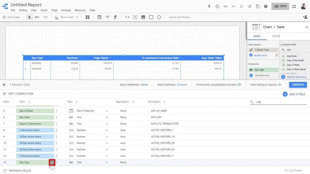 The fx (function) button being clicked on inside the Master View Data Source