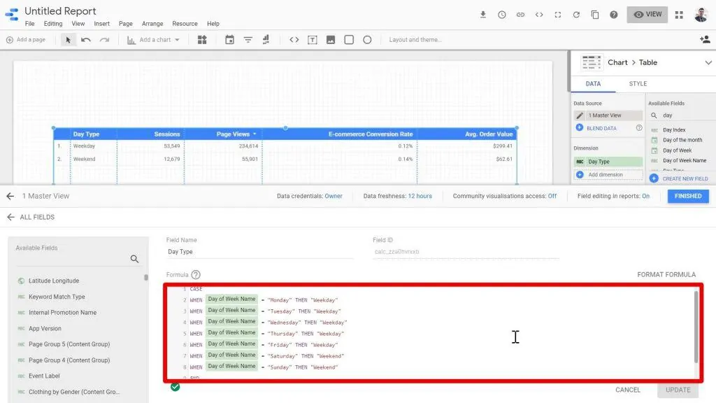 The Formula in the code window being highlighted