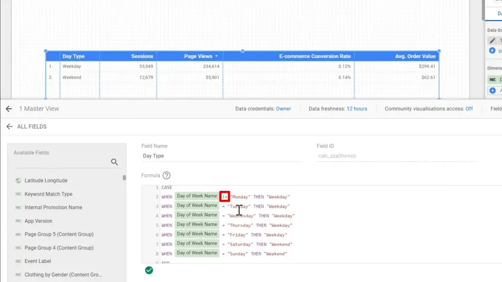 An exclamation mark being added in between the Field Name and the equal sign on the code window