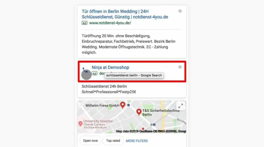 A Google Ad with a phone calling option to the shop