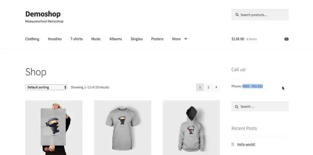 A phone number for customers on the demo shop website