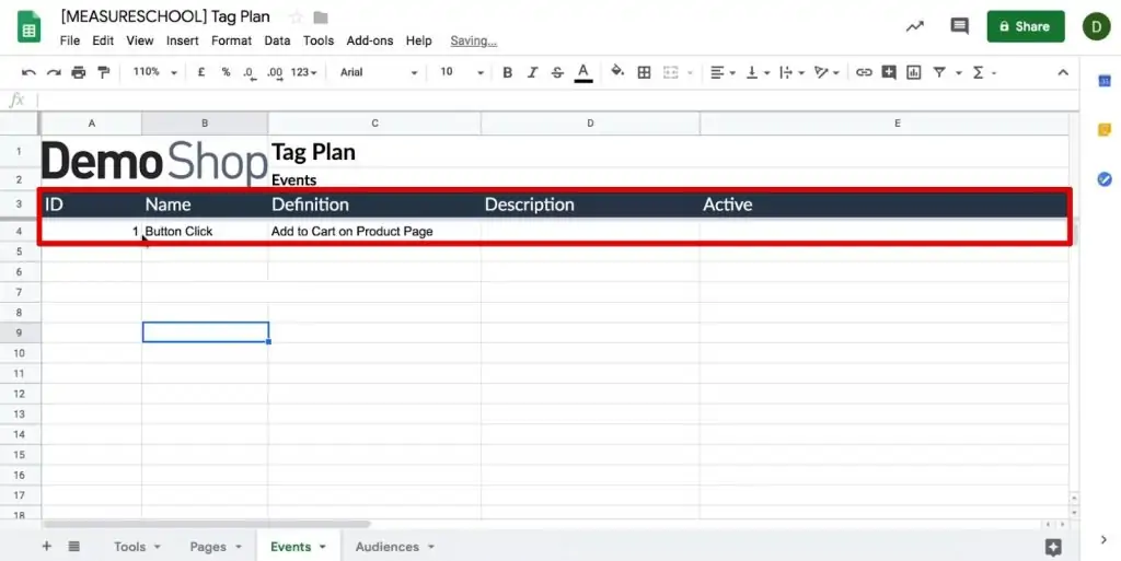Adding Event details such as Name, Definition, Description, etc. in the Tag plan