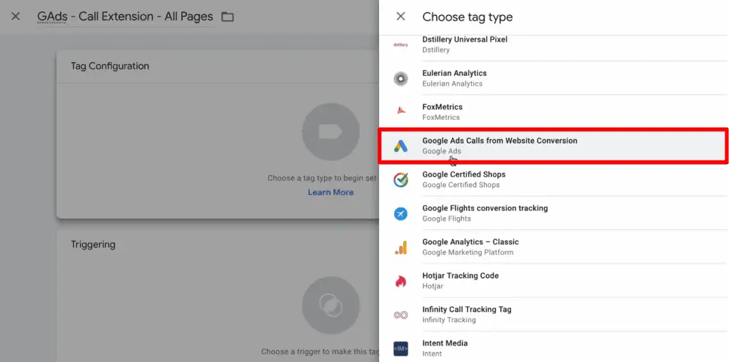 Choose tag type as Google Ads Calls from Website Conversion in Google Tag Manager