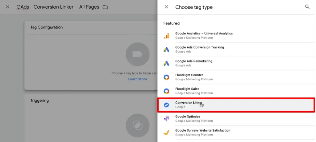 Choosing tag type as Conversion Linker in Google Tag Manager