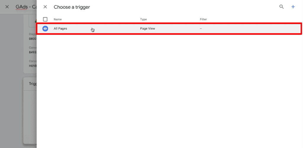 Choosing the trigger All Pages for Tag Configuration in Google Tag Manager
