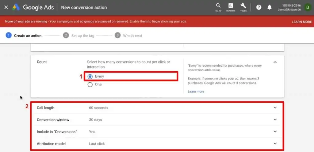 Configuring a conversion action on when to count an interaction in Google Ads