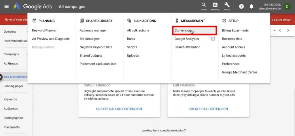 Conversions option under the Tools menu of Google Ads