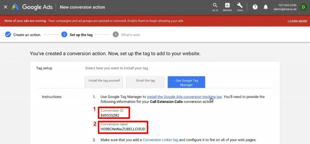 Copying the Conversion ID and Conversion label to setup the GTM Tag