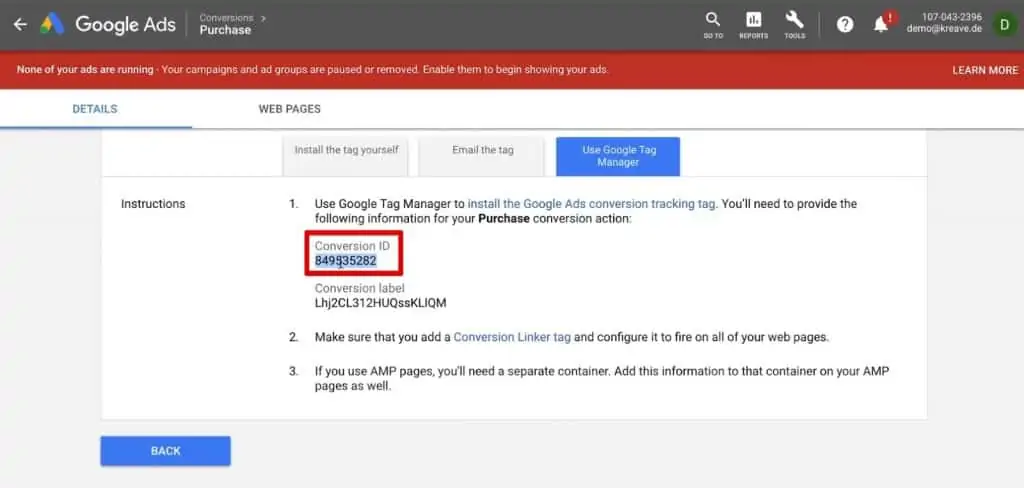 Copying the Conversion ID of our Purchase Conversion action of Google Ads