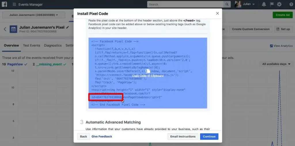 Copying the Pixel ID from Facebook Pixel Code
