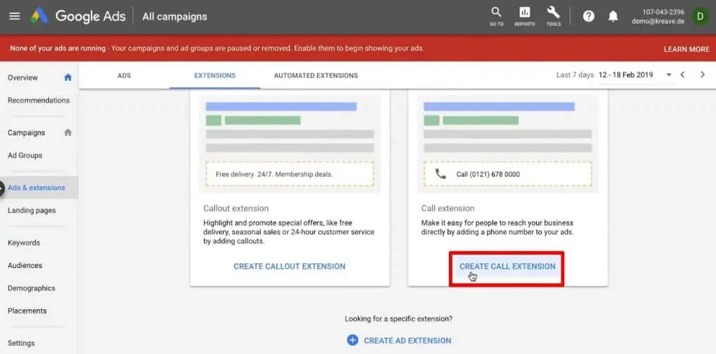 Creating a call extension in Google Ads