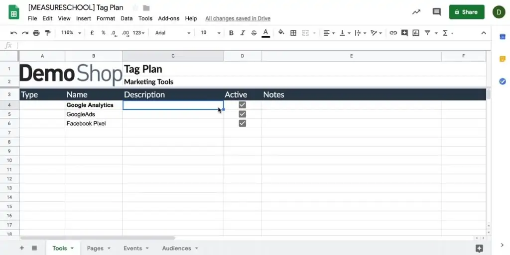 Entering the Name, and Active status for the tools in the Tag Plan template
