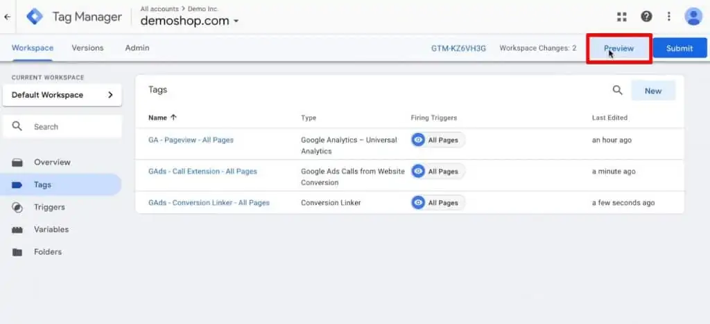Entering the preview and debug mode in Google Tag Manager