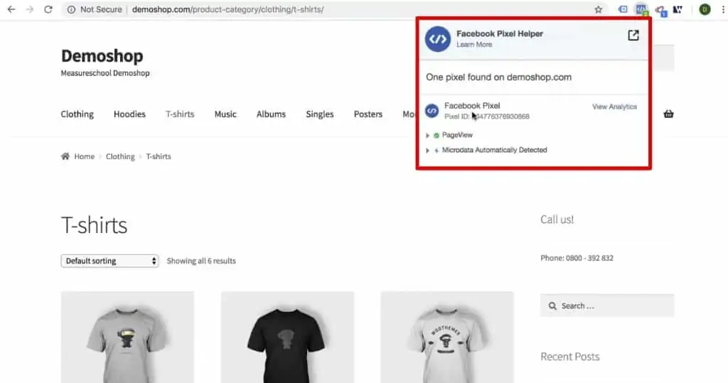 Facebook Pixel Helper shows the PageView tracked by Facebook Pixel