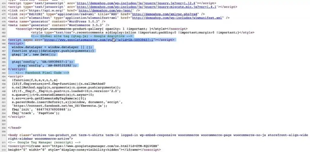 Global site tag and Facebook Pixel Code are installed on the web page, visible in the source code